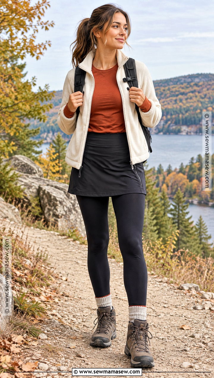 Autumn Hiking Outfit With Hiking Skort And Tights - 25 autumn hiking outfit ideas