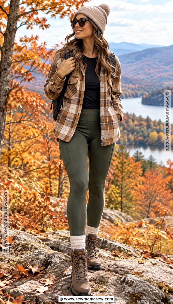 Autumn Hiking Outfit With Plaid Shacket And Leggings - 25 autumn hiking outfit ideas
