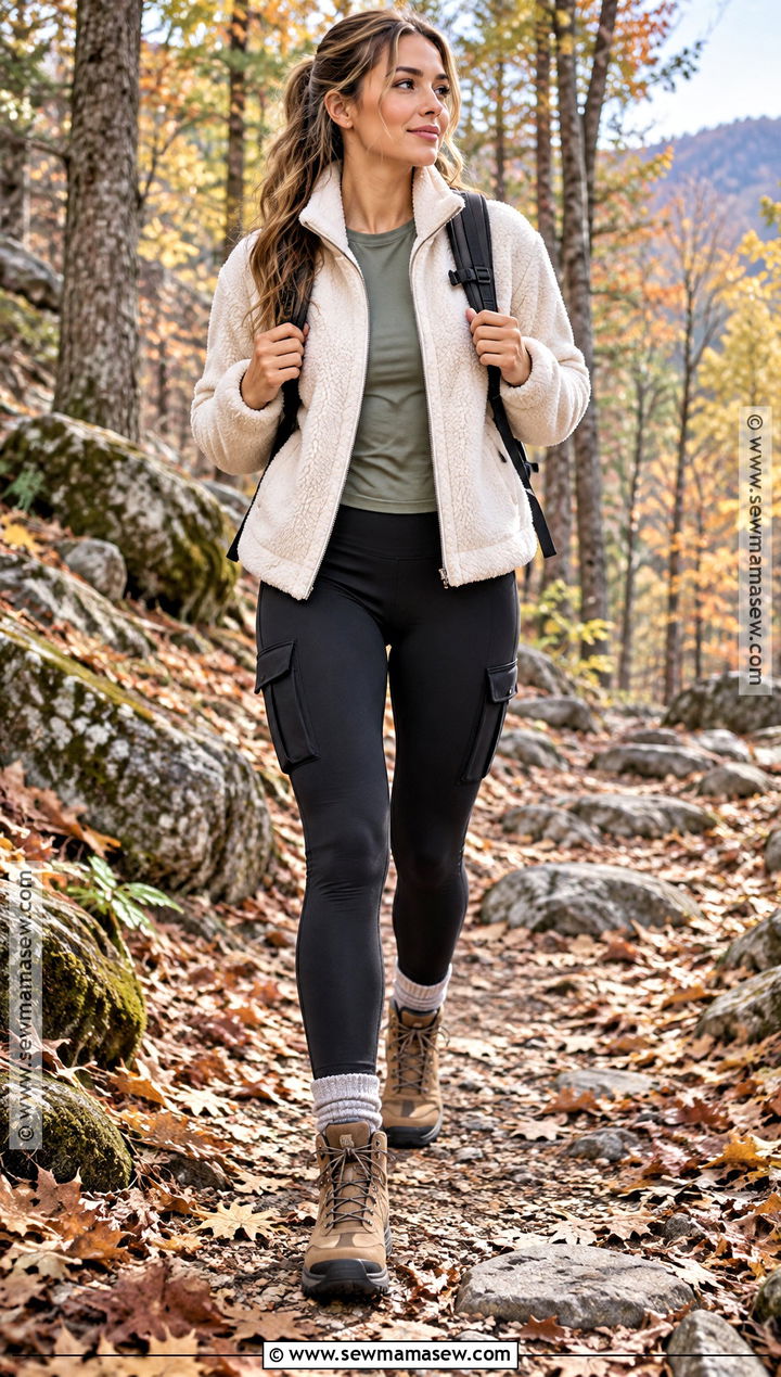 Autumn Hiking Outfit With Sherpa Fleece And Cargo Leggings - 25 autumn hiking outfit ideas