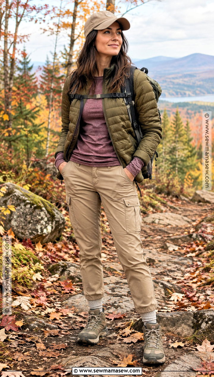 Autumn Hiking Travel Outfit With Quilted Jacket And Cargo Pants - 20 autumn travel outfit ideas