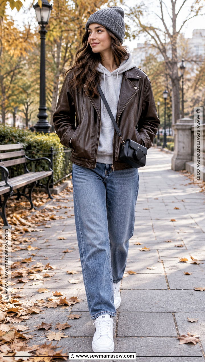Autumn Hoodie And Leather Jacket Outfit - 15 autumn casual style outfit ideas