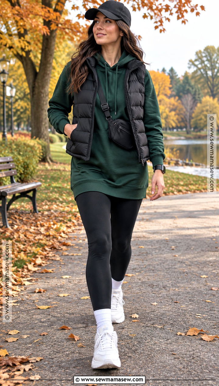 Autumn Hoodie Dress With Puffer Vest And Trainers - 20 autumn dresses casual