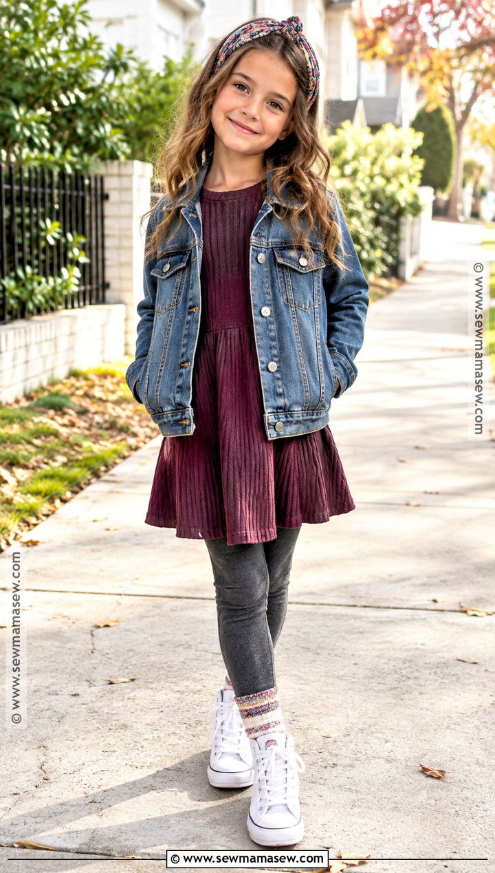 Autumn Kids Denim Jacket And Knit Dress Set - 15 autumn kids fashion set ideas
