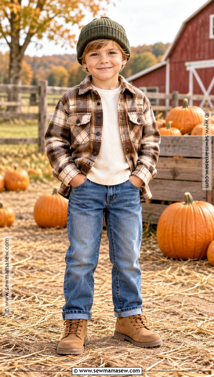Autumn Kids Plaid Shacket And Jeans Set - 15 autumn kids fashion set ideas
