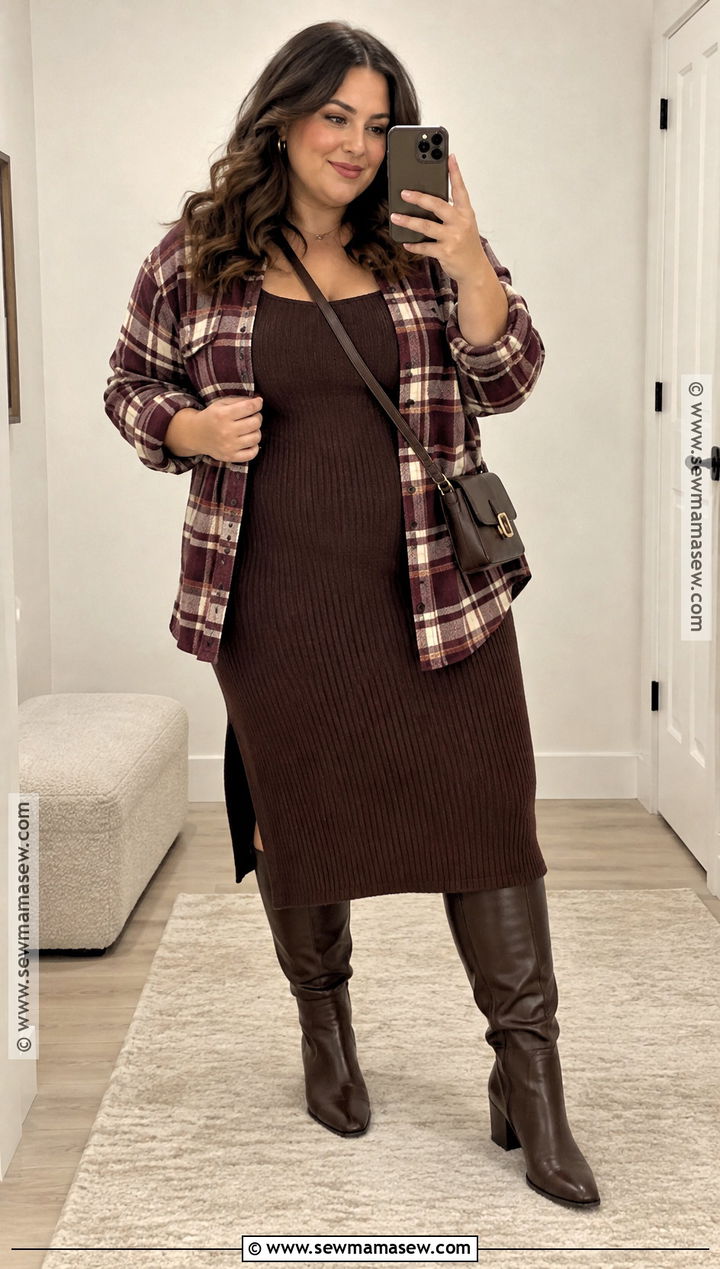 Autumn Knit Dress And Plaid Overshirt Outfit - 15 Autumn Fashion Lookbook Ideas
