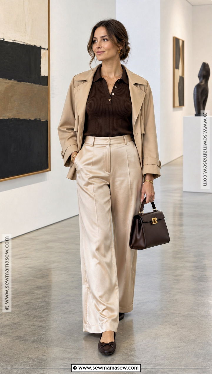 Autumn Knit Polo And Satin Trousers Outfit - 25 autumn wear ideas
