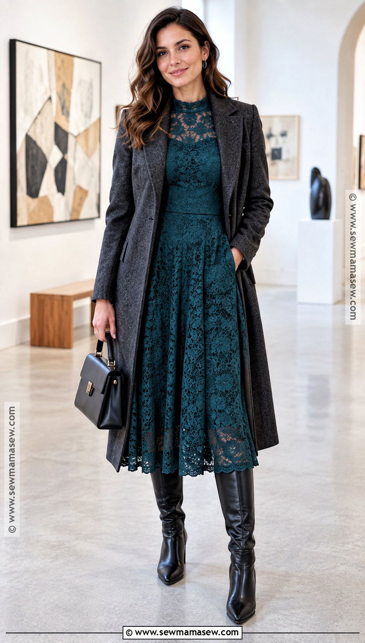 Autumn Lace Midi Dress And Leather Boots Outfit - 15 autumn chic style inspiration ideas
