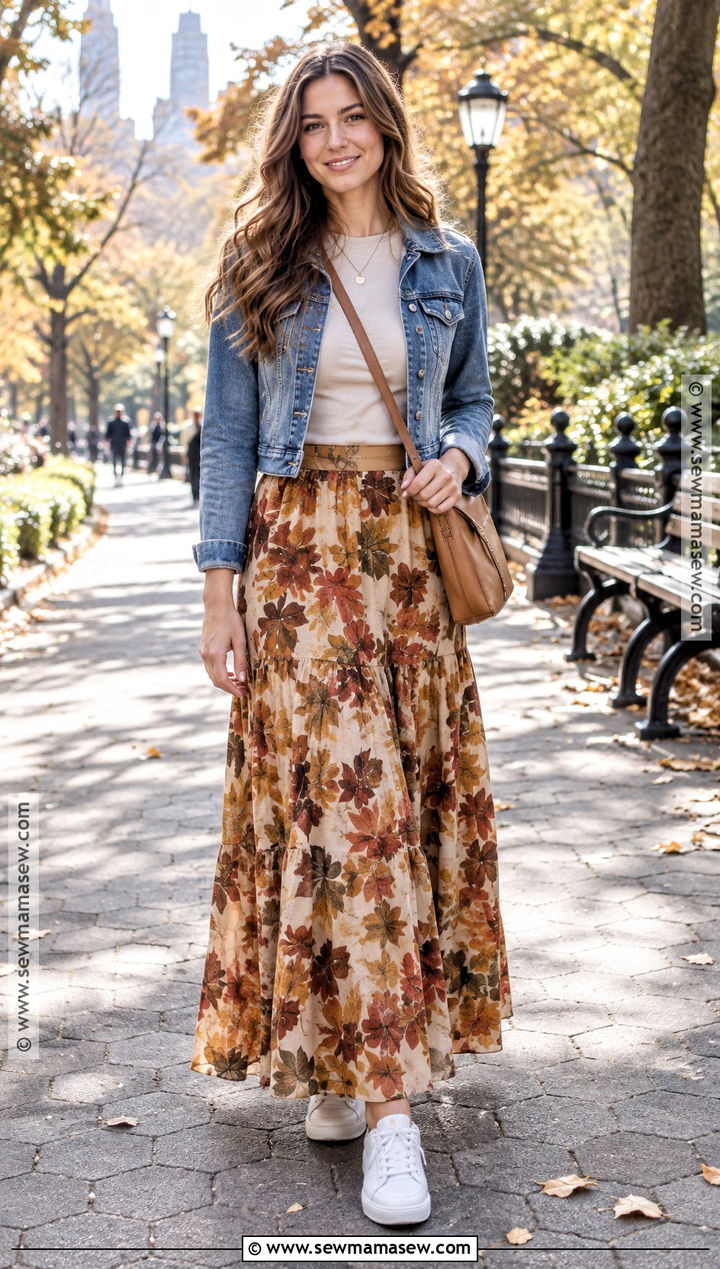 Autumn Leaf Maxi Skirt With Denim Jacket - 15 Autumn Leaf Skirt Ideas