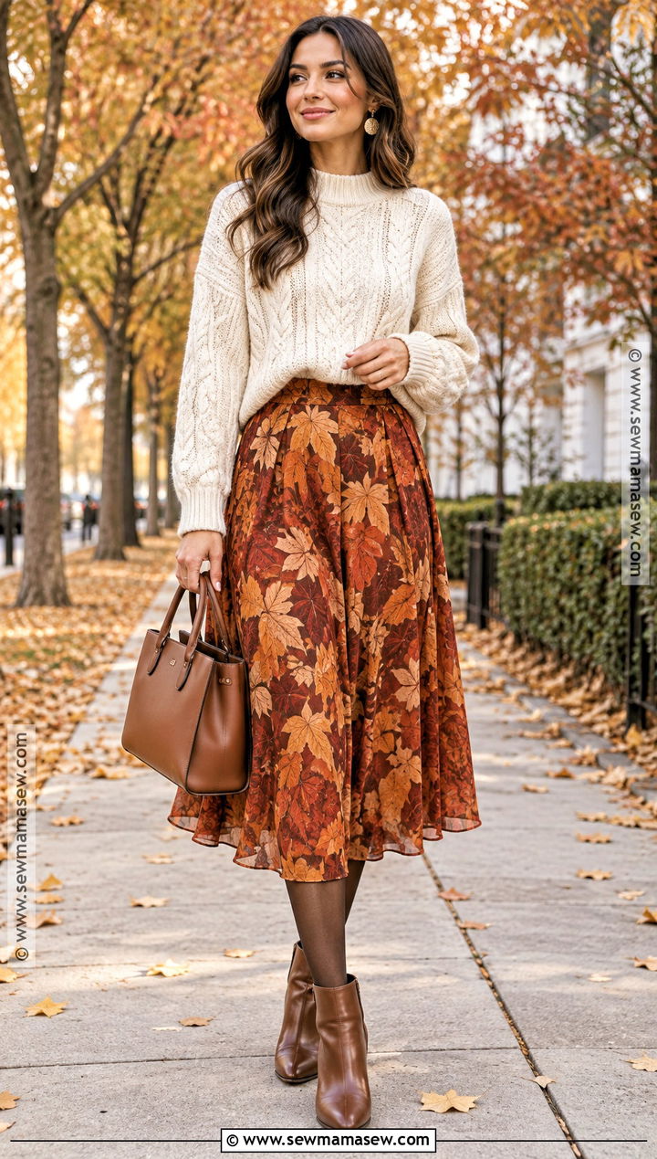 Autumn Leaf Midi Skirt With Cream Sweater - 15 Autumn Leaf Skirt Ideas
