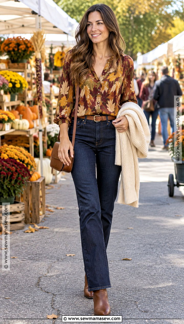 Autumn Leaf Print Blouse With Straight Leg Jeans - 15 autumn leaf print fashion ideas
