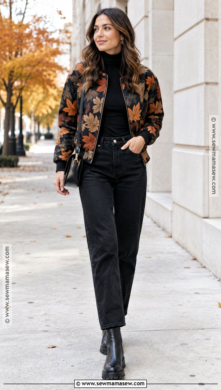 Autumn Leaf Print Bomber Jacket With Black Jeans - 15 autumn leaf print fashion ideas