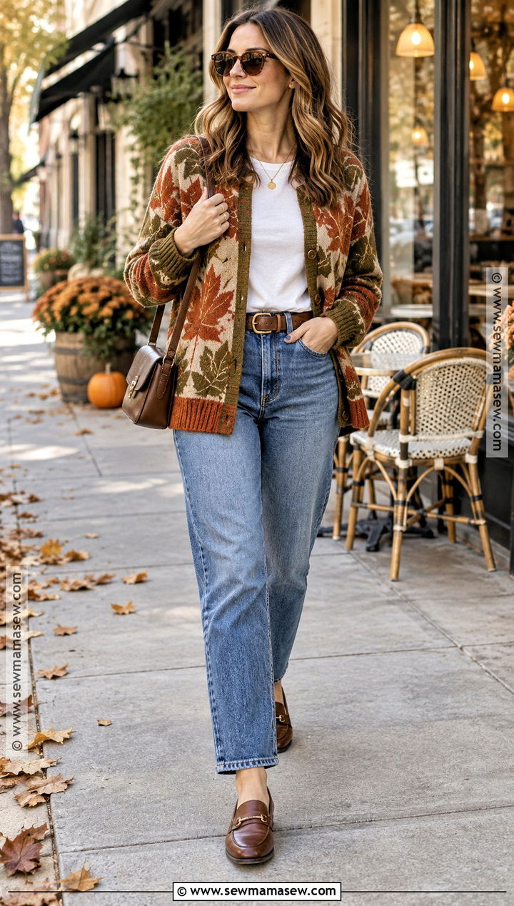 Autumn Leaf Print Cardigan With Straight Leg Jeans - 15 autumn leaf print clothing ideas