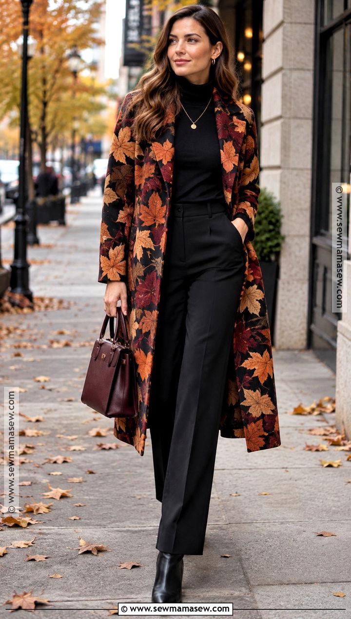 Autumn Leaf Print Coat With A Monochrome Outfit - 15 autumn leaf print clothing ideas