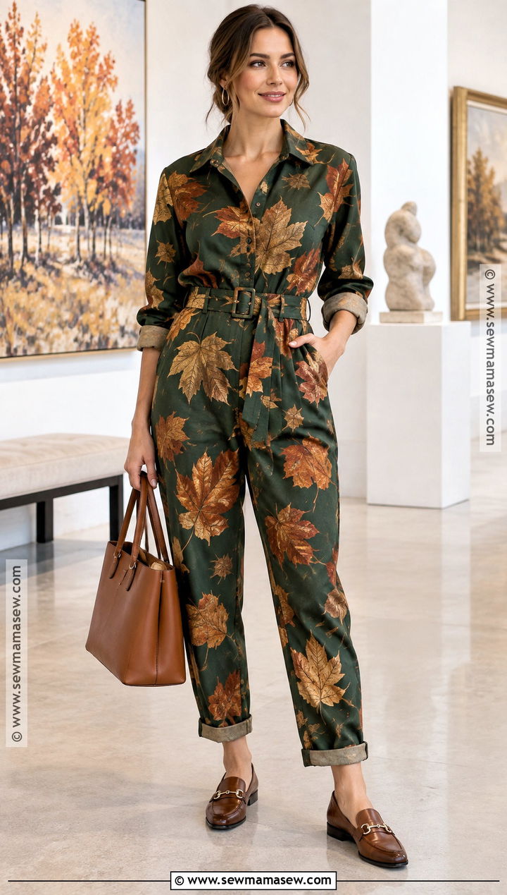 Autumn Leaf Print Jumpsuit With Loafers - 15 autumn leaf print fashion ideas