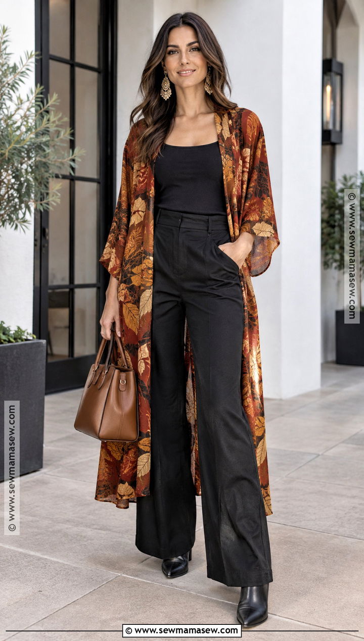 Autumn Leaf Print Kimono With Black Basics - 15 autumn leaf print clothing ideas