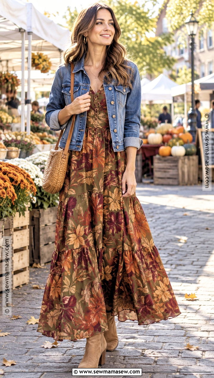 Autumn Leaf Print Maxi Dress With A Denim Jacket - 15 autumn leaf print clothing ideas