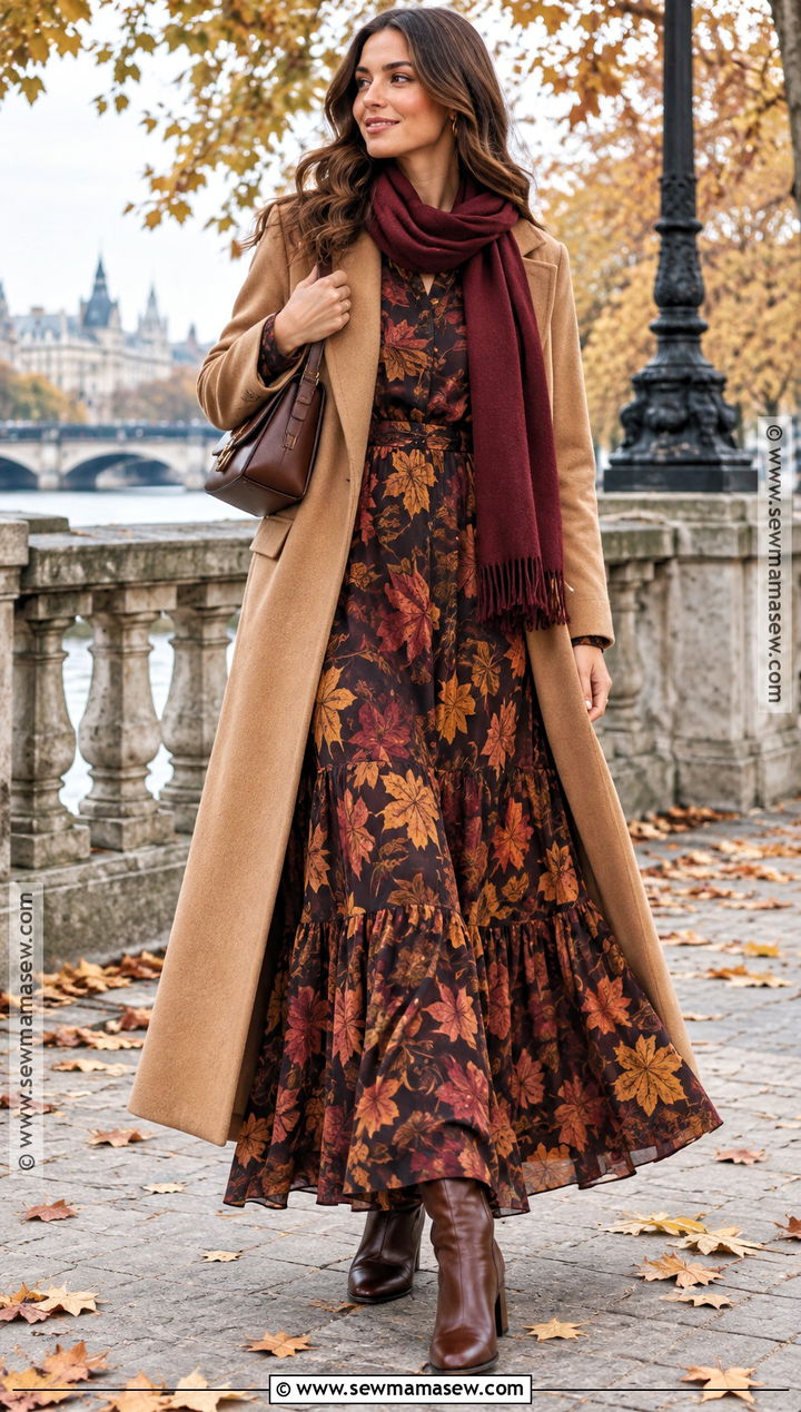 Autumn Leaf Print Maxi Dress With Wool Coat - 15 autumn leaf print fashion ideas