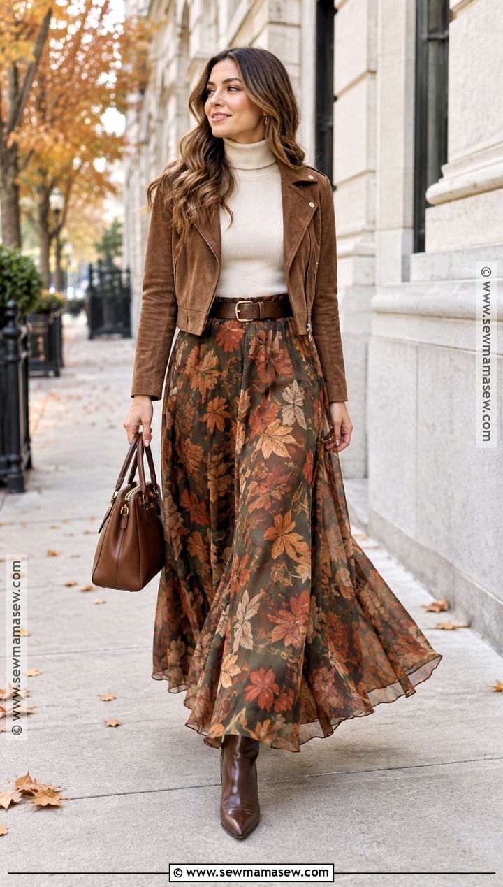 Autumn Leaf Print Maxi Skirt With Fitted Turtleneck - 15 autumn leaf print fashion ideas