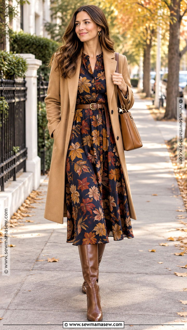 Autumn Leaf Print Midi Dress With Knee High Boots - 15 autumn leaf print fashion ideas