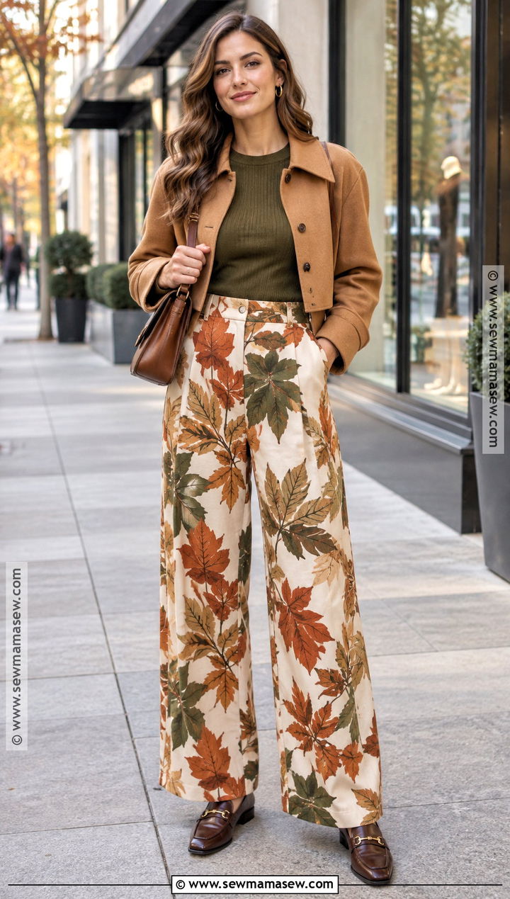 Autumn Leaf Print Wide Leg Pants With Knit Top - 15 autumn leaf print fashion ideas