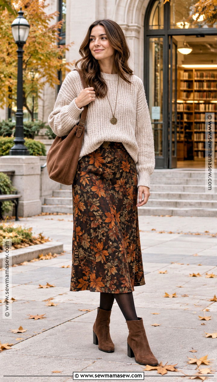 Autumn Leaf Skirt With Chunky Knit Sweater - 15 Autumn Leaf Skirt Ideas
