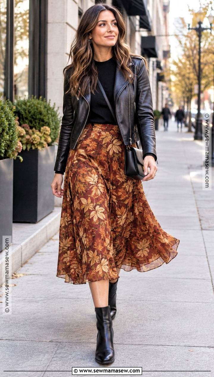 Autumn Leaf Skirt With Leather Jacket - 15 Autumn Leaf Skirt Ideas