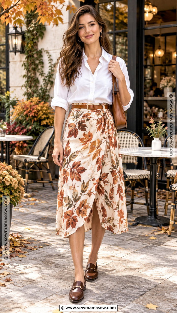 Autumn Leaf Wrap Skirt With White Shirt - 15 Autumn Leaf Skirt Ideas