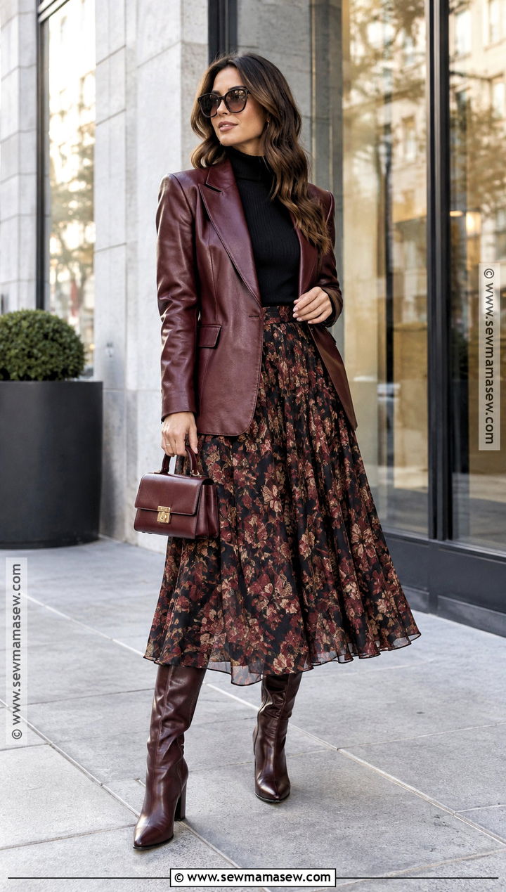 Autumn Leather Blazer and Midi Skirt Outfit - 15 Autumn Sidewalk Fashion Ideas