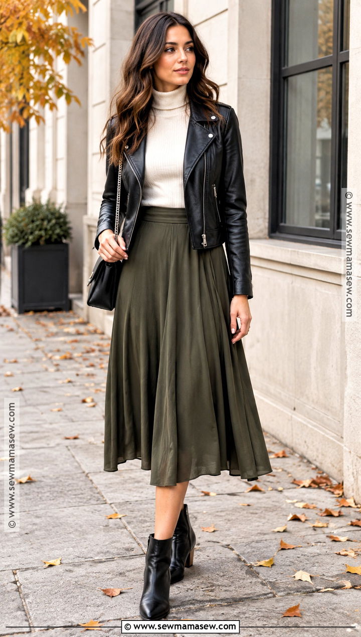 Autumn Leather Jacket And Midi Skirt Outfit - 25 autumn casual outfits for women