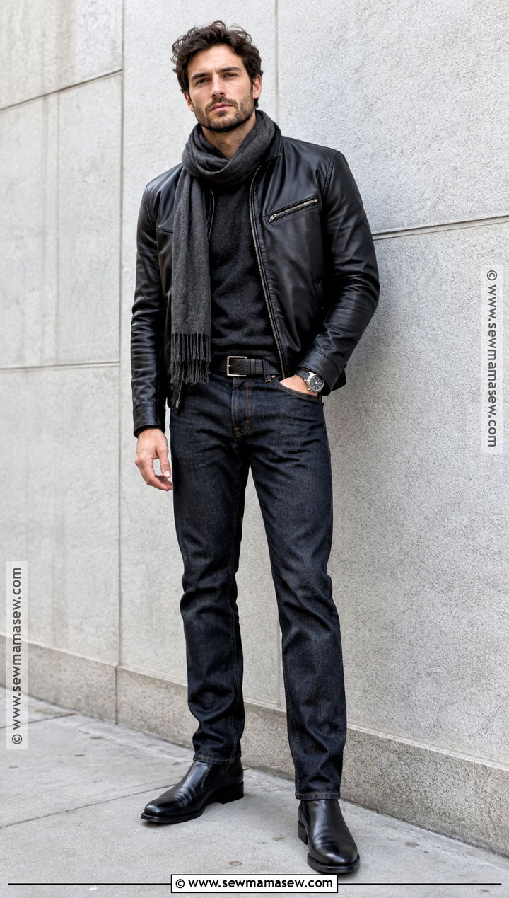 Autumn Leather Jacket Outfit With Dark Denim - 20 Men Autumn Style Ideas