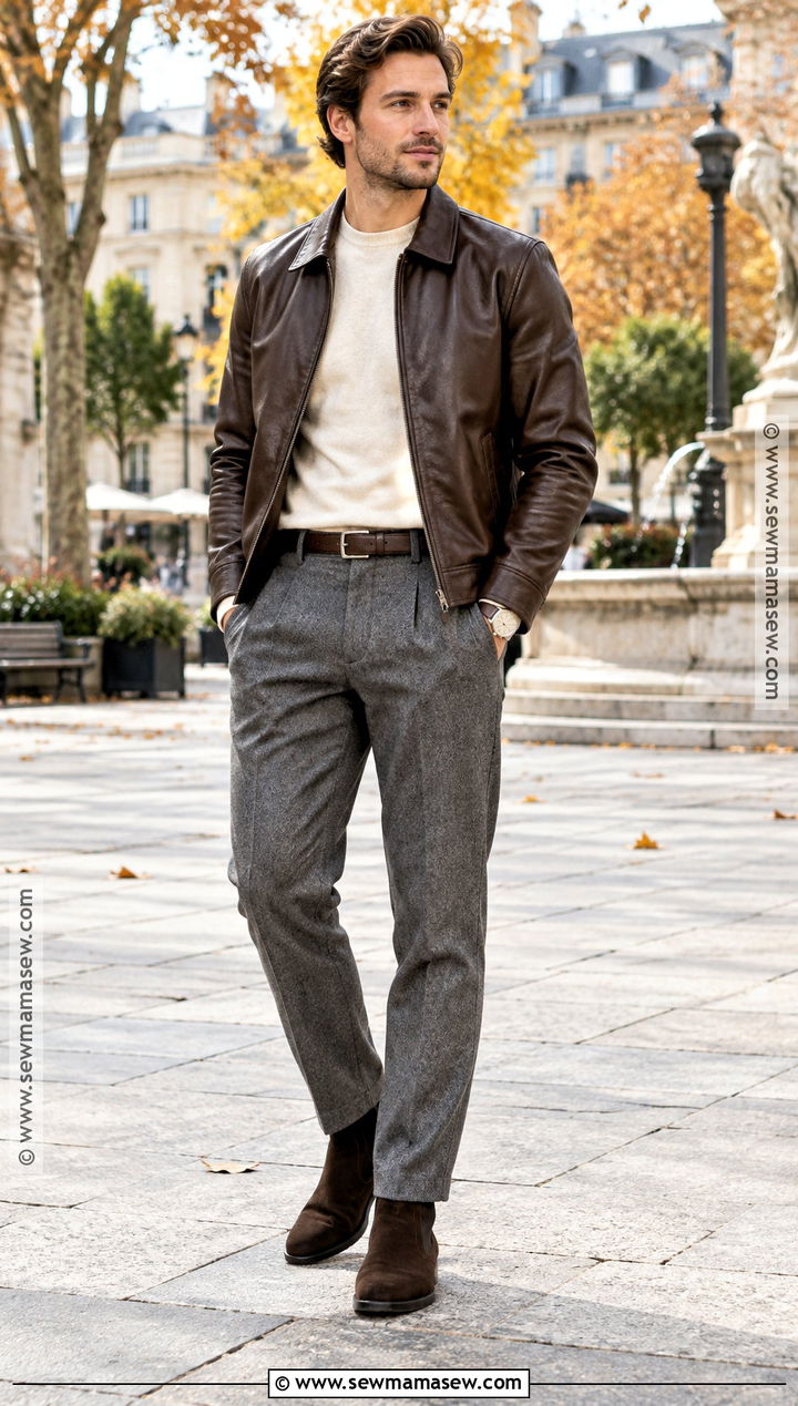 Autumn Leather Jacket With Gray Trousers Outfit - 15 Men Outfit Autumn Casual Ideas