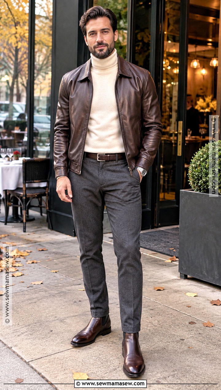 Autumn Leather Jacket With Turtleneck Outfit - 15 autumn men outfit ideas 2026