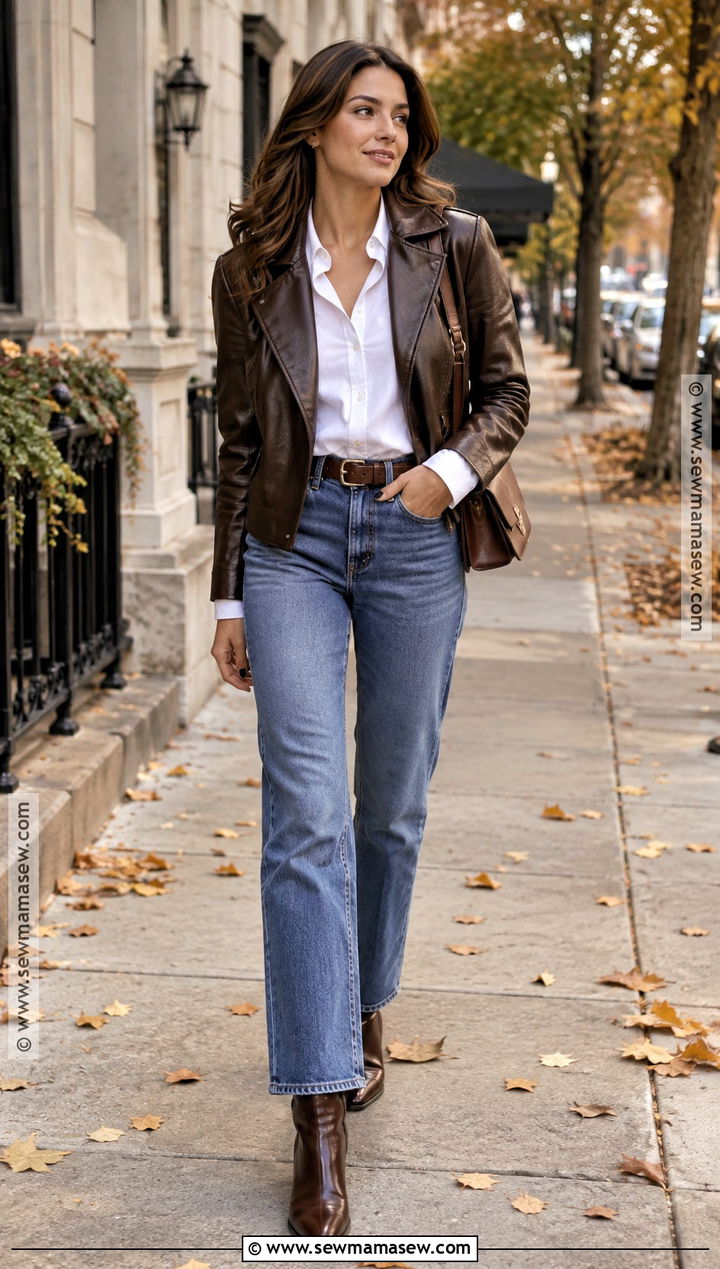 Autumn Leather Jacket With White Shirt And Jeans - 15 7 Days Capsule Wardrobe Autumn Ideas