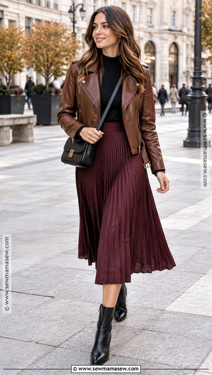 Autumn Leather Jacket and Midi Skirt Outfit - 15 Autumn Themed Clothes