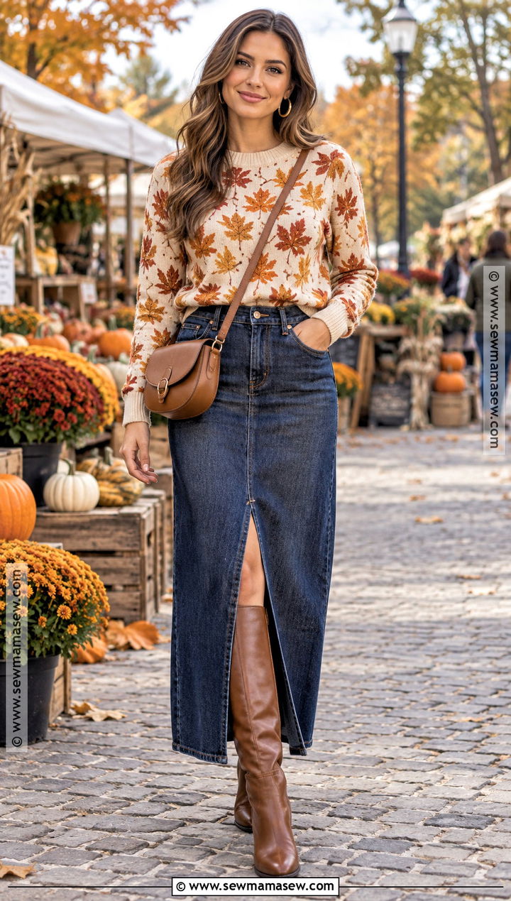 Autumn Leaves Sweater With Denim Maxi Skirt - 15 Autumn Leaves Sweater Ideas