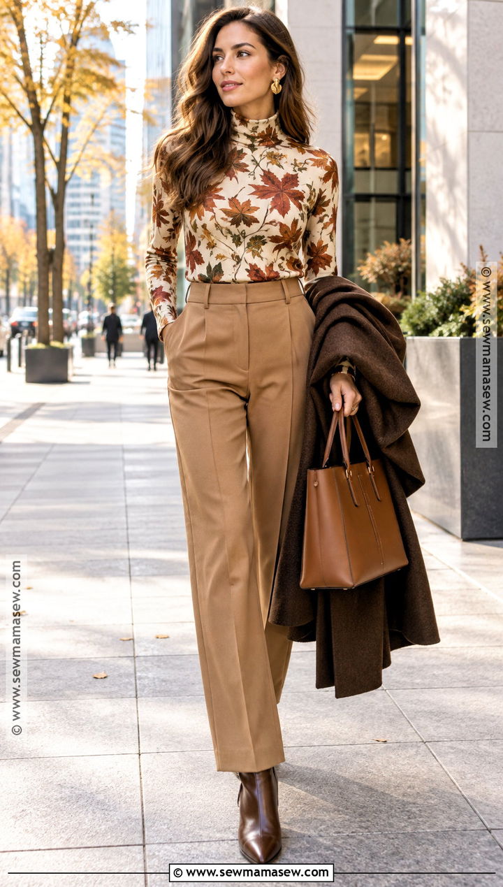 Autumn Leaves Turtleneck Sweater With Tailored Trousers - 15 Autumn Leaves Sweater Ideas