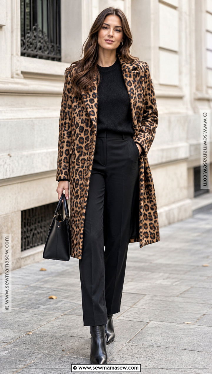 Autumn Leopard Coat And Black Trousers Outfit - 15 Street Style Aesthetic Autumn Ideas