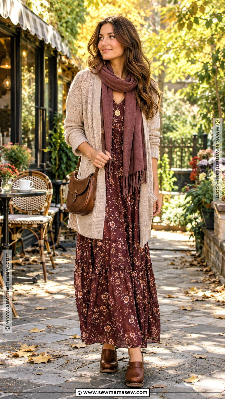 Autumn Long Cardigan Maxi Dress And Clogs Outfit - 20 autumn weekend outfit ideas