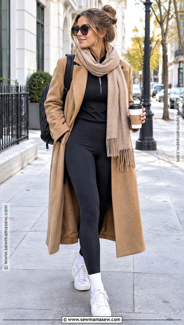 Autumn Long Coat With Leggings And Sneakers - 30 autumn outfits