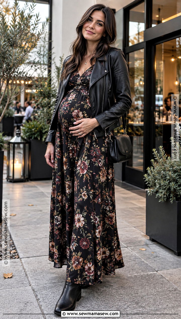 Autumn Maternity Maxi Dress And Leather Jacket Outfit - 20 pregnant outfits autumn