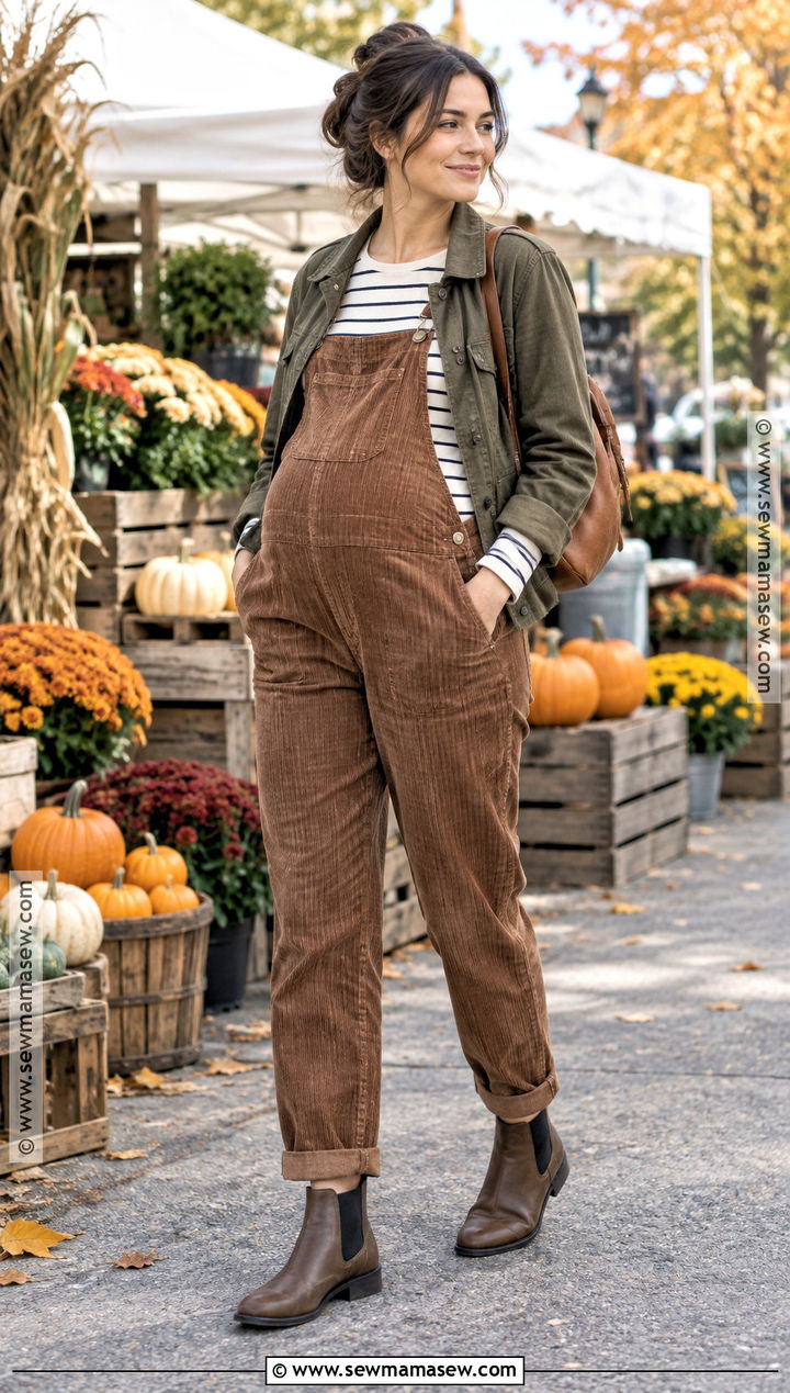 Autumn Maternity Overalls And Striped Top Outfit - 20 pregnant outfits autumn