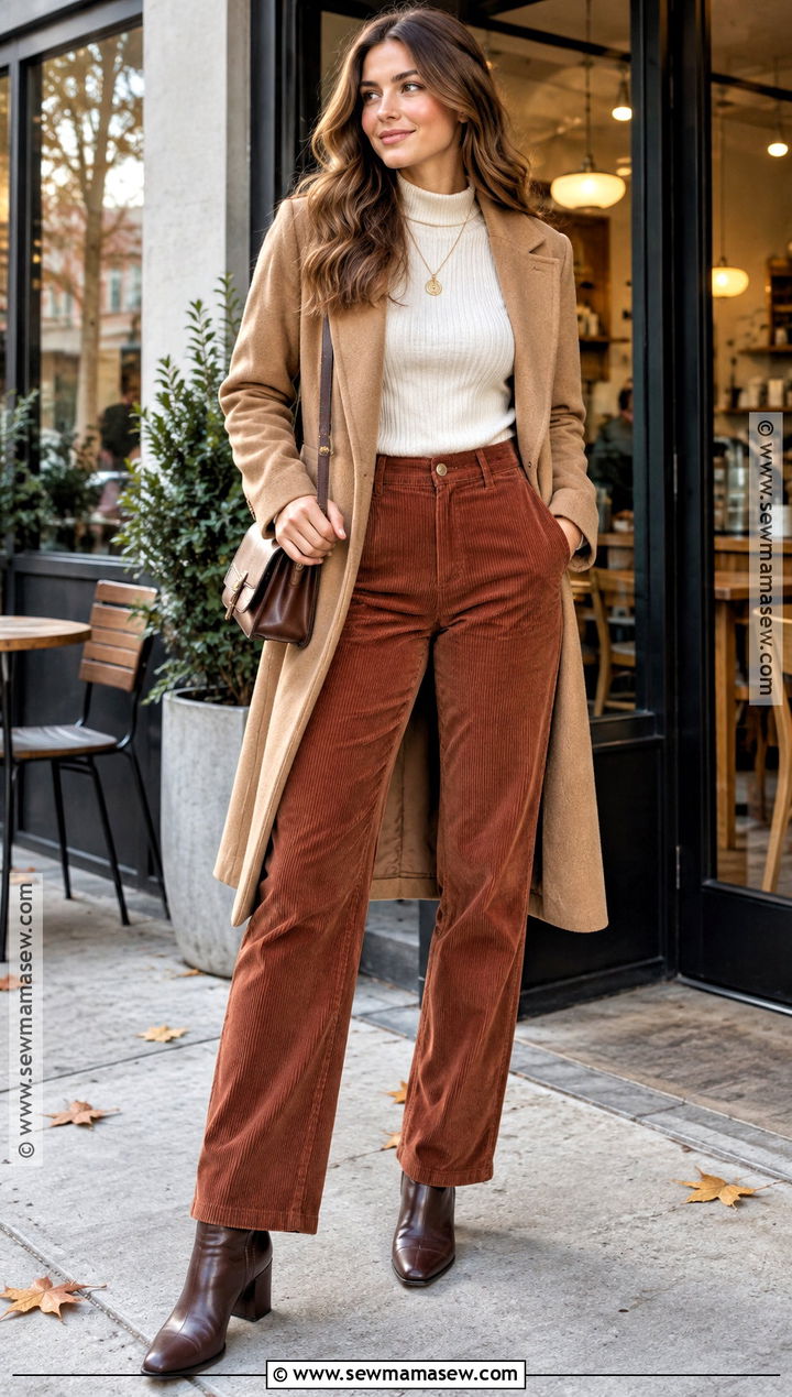 Autumn Mock Neck Top And Corduroy Pants Outfit - 15 casual date outfit autumn ideas