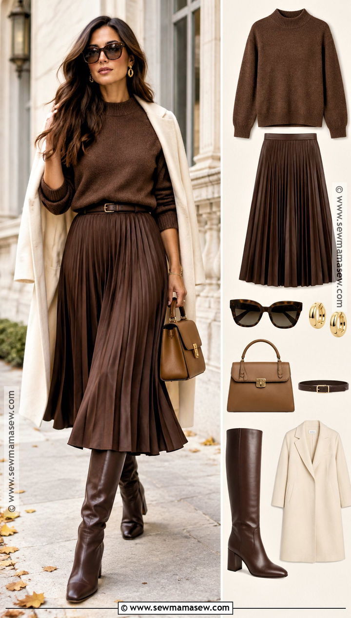 Autumn Monochrome Brown Sweater Skirt Outfit - 15 autumn outfit collage with accessories