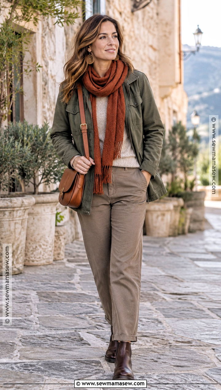 Autumn Moss Green Jacket And Taupe Pants Outfit - 15 autumn color theory outfits
