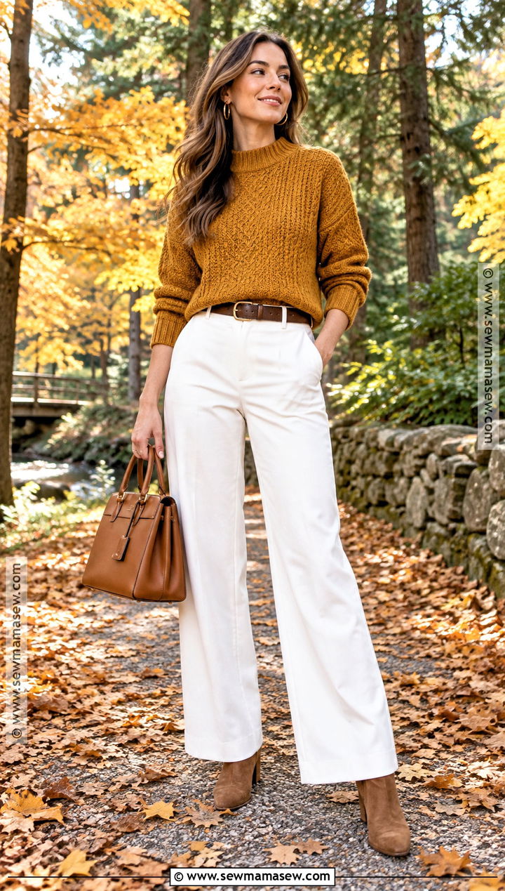 Autumn Mustard Sweater And White Trousers Outfit - 20 autumn outfits photoshoot