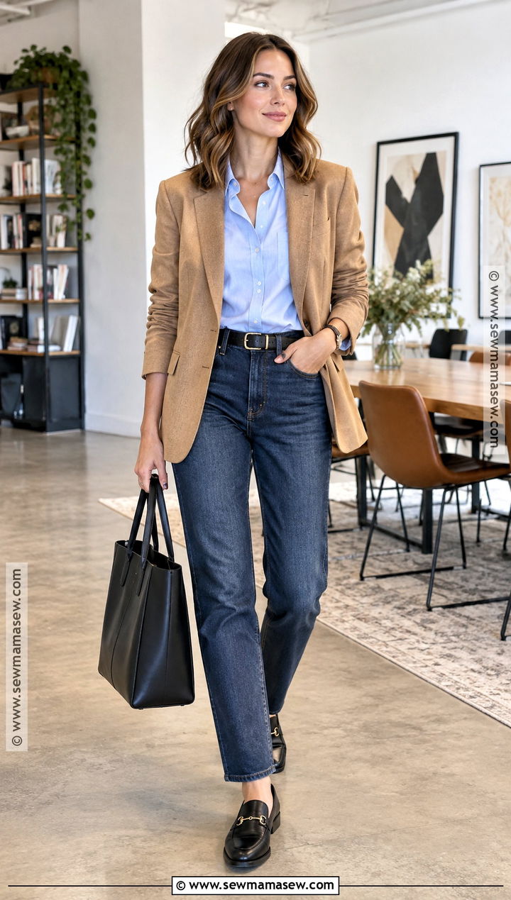 Autumn Office Outfit With Blazer And Dark Jeans - 25 office outfits women autumn