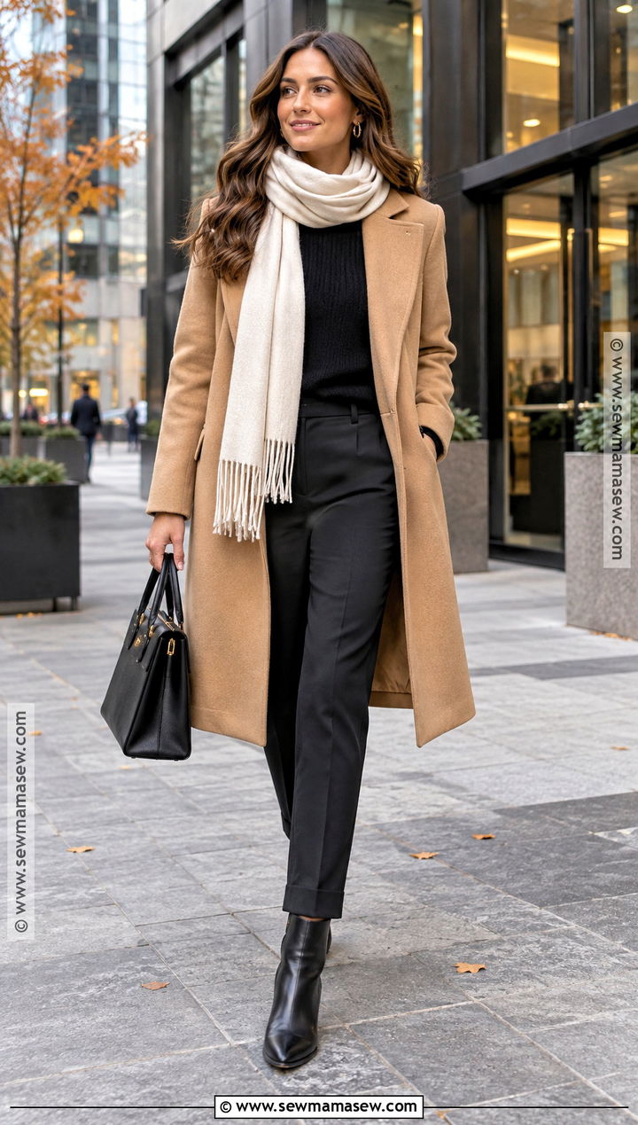 Autumn Office Outfit With Camel Coat And Black Trousers - 25 office outfits women autumn