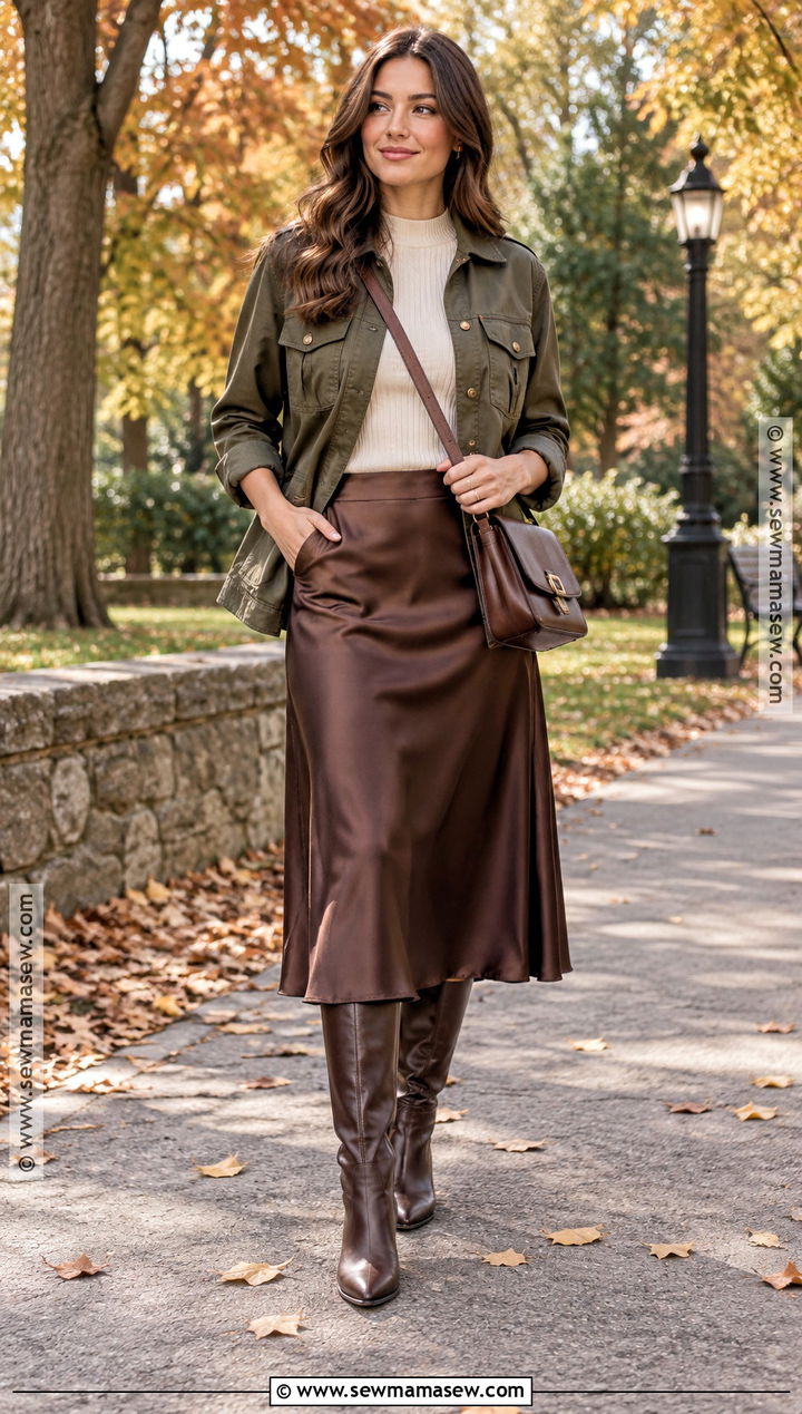 Autumn Olive Jacket And Satin Skirt Outfit - 15 autumn trends 2026 outfits