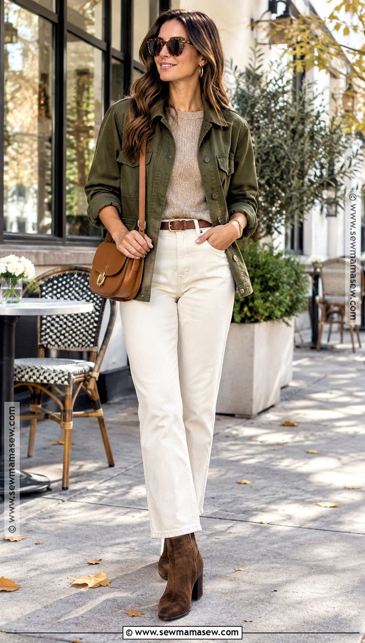 Autumn Olive Jacket With Cream Jeans - 30 autumn outfits