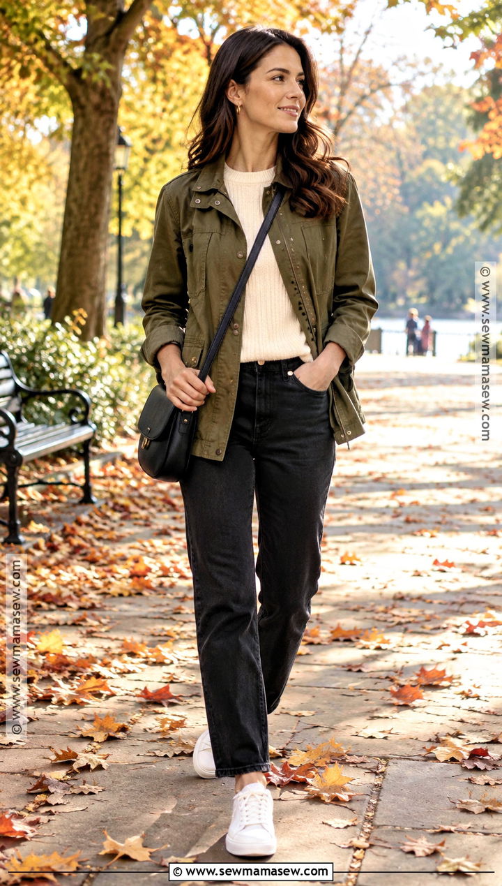 Autumn Olive Utility Jacket And Black Jeans Outfit - 20 autumn outfits photoshoot